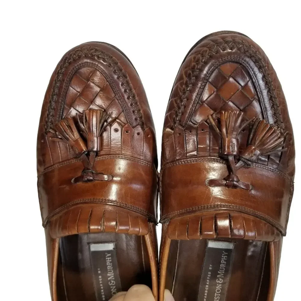 Johnston & Murphy Shoes 9.5 Loafer Double Woven Tassel Dress Mahogany Fringe